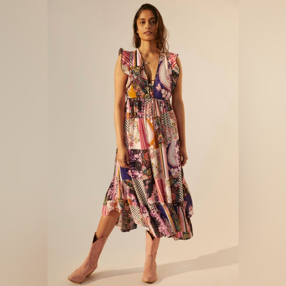 Anthropologie Pink Flutter Sleeve V-Neck Midi Dress